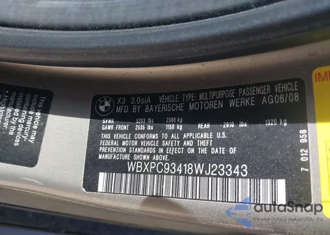 2008 BMW X3 3.0Si from USA, damaged, VIN WBXPC93418WJ23343